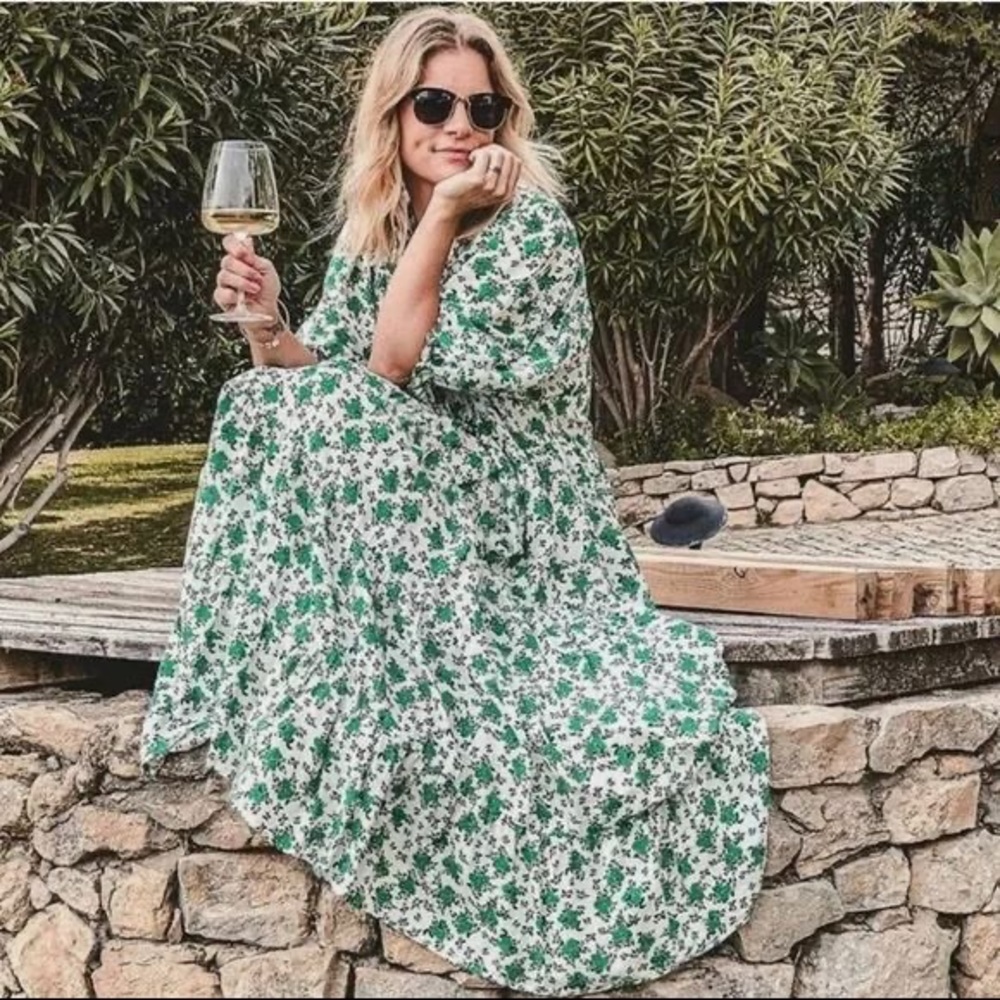 Zara Oyster White Green Floral Maxi Dress | Small